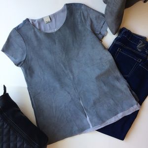 Ecru Faux Suede Oversized Blue Gray Raw Hem Top XS